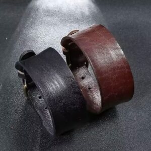 Vintage Cowhide Leather Wide Wristband Adjustable Cuff Bangles for Men Women 2pc
